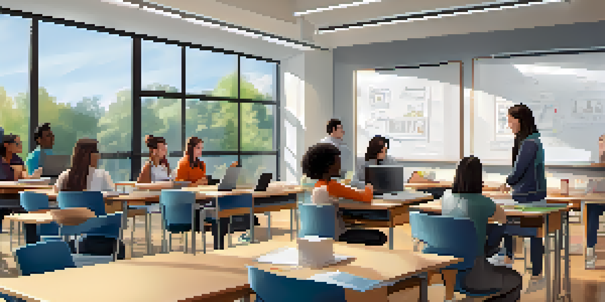 A diverse group of students collaborating in a modern classroom, using laptops and tablets, with natural light illuminating the scene.