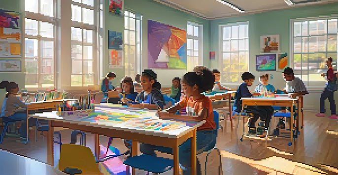 A classroom filled with students from diverse backgrounds working together on a STEAM project, surrounded by art supplies and robotics kits in a brightly lit environment.