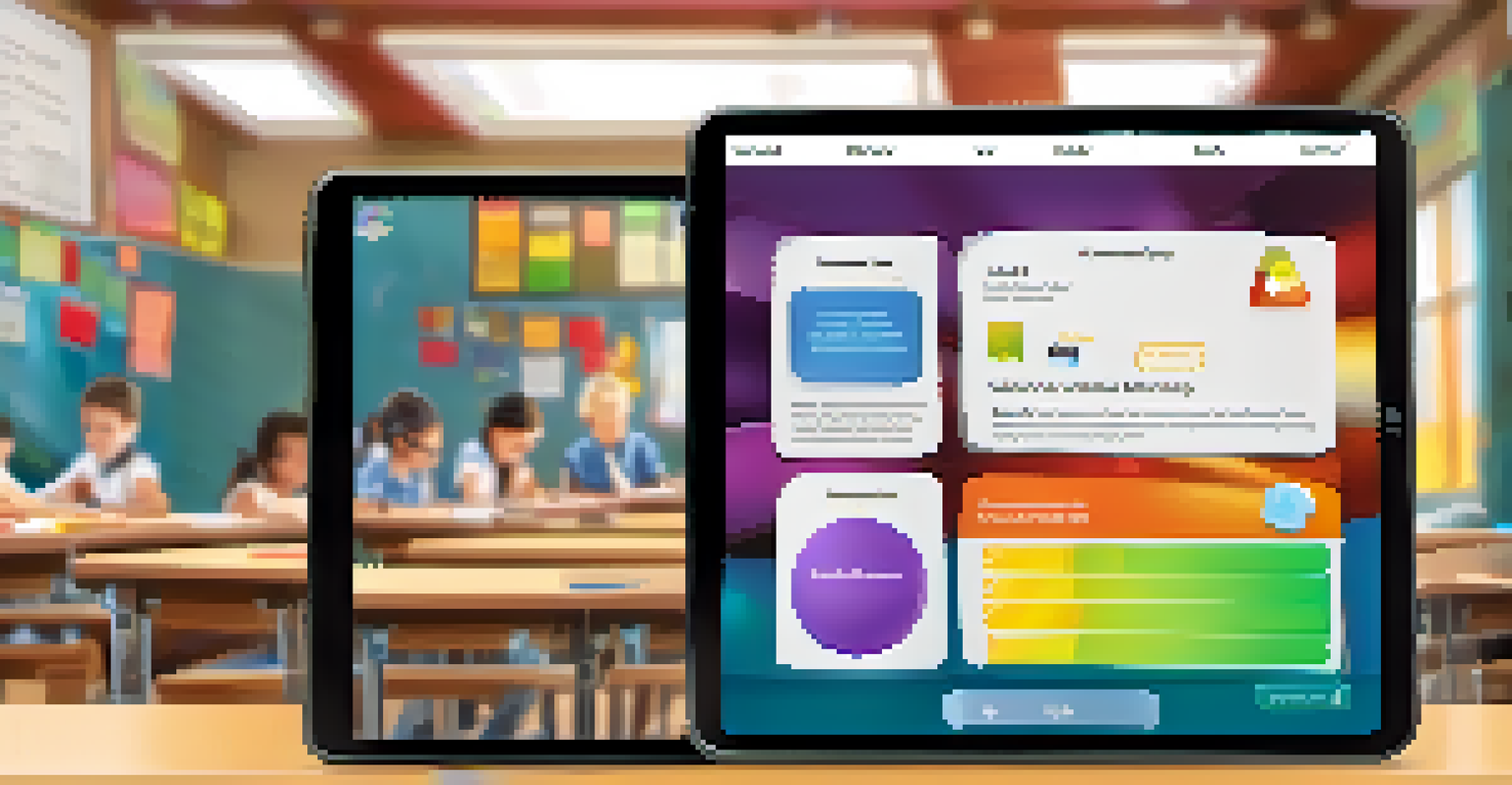 A close-up of a gamified digital assessment on a tablet, with students engaged in the background.