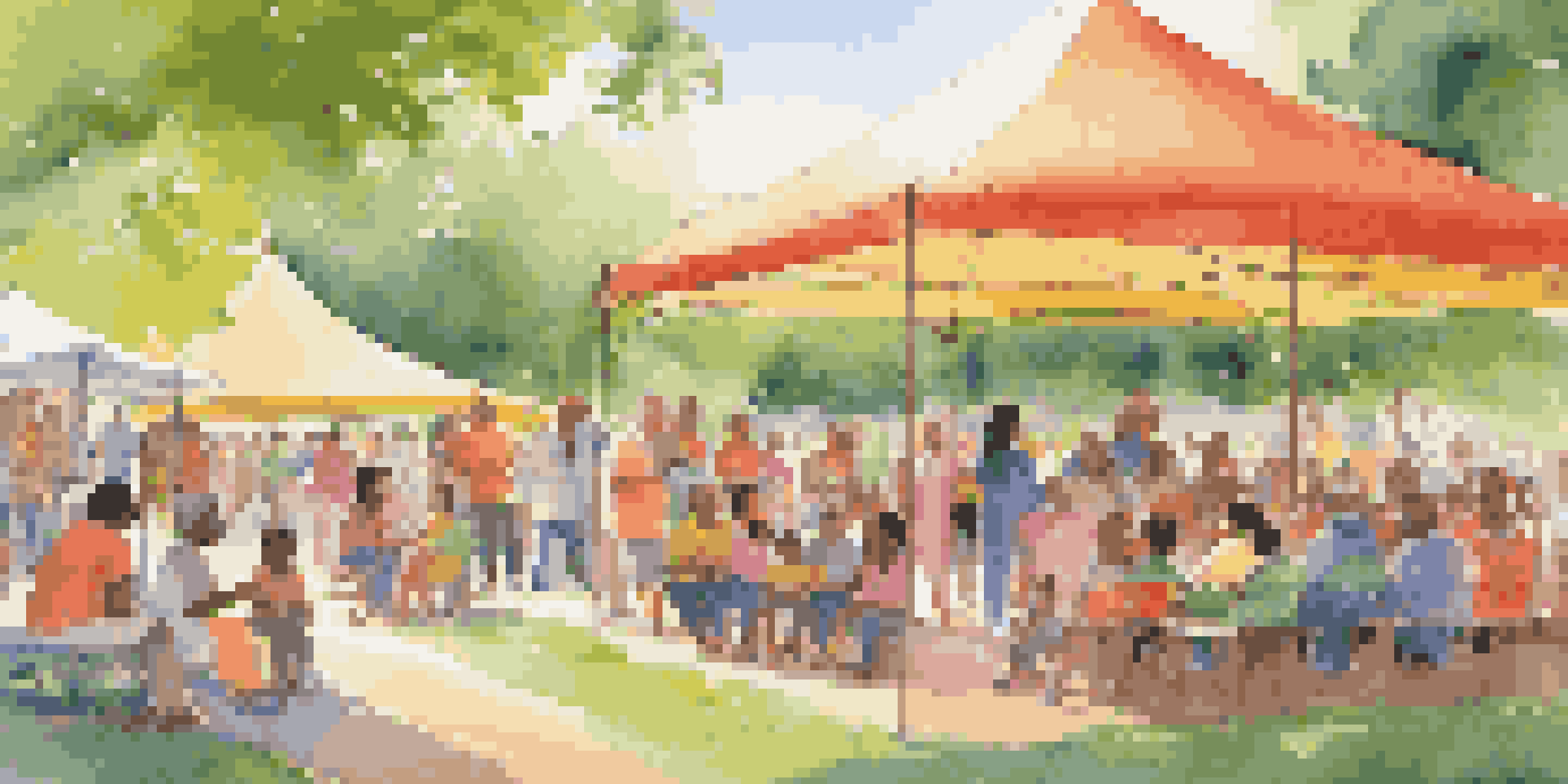A lively community event in a park with families engaging in educational activities, children listening to stories, and parents interacting at booths.