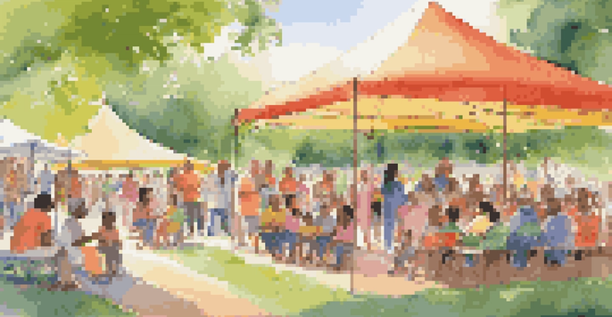 A lively community event in a park with families engaging in educational activities, children listening to stories, and parents interacting at booths.