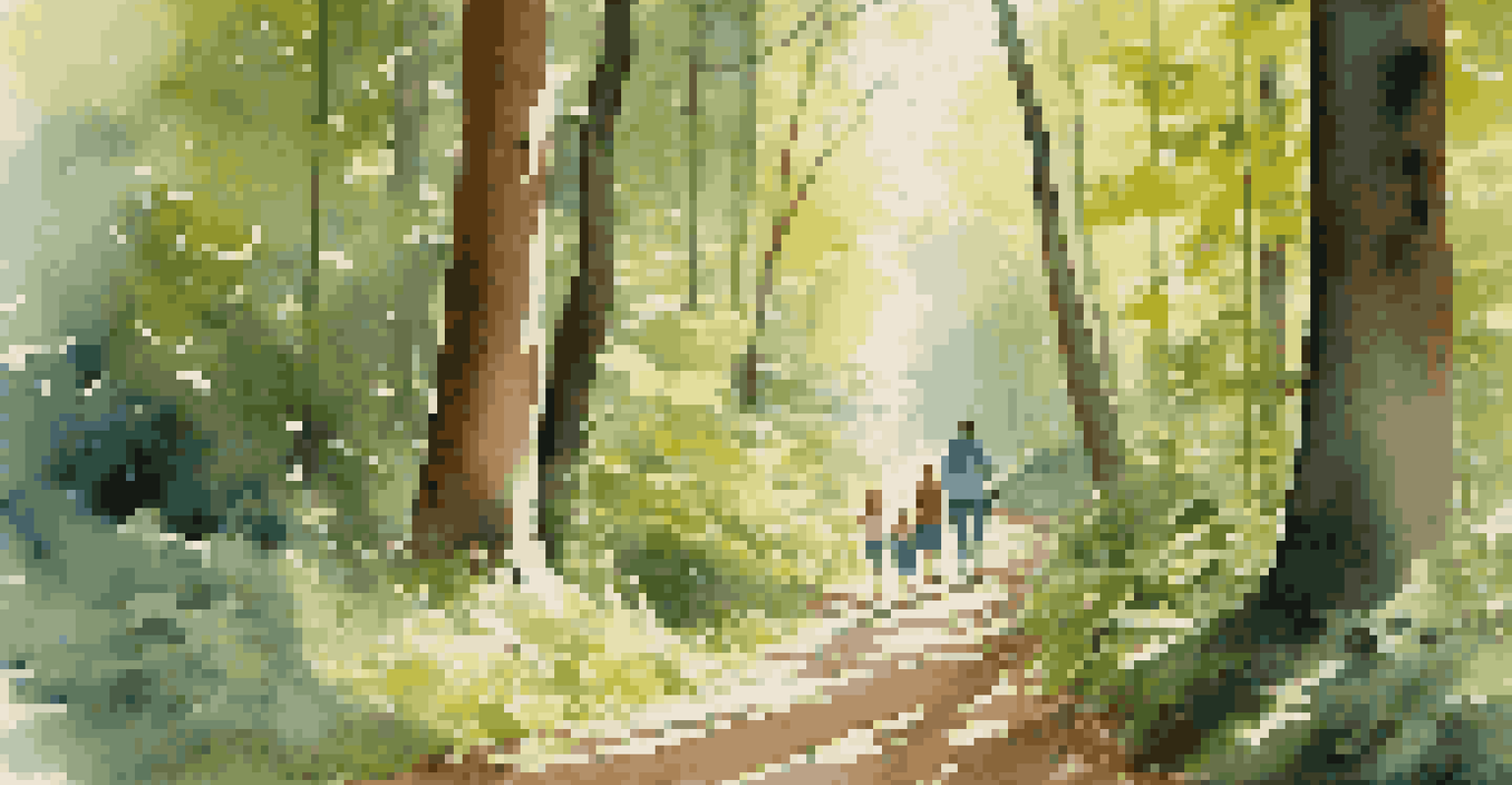 A family walking mindfully on a forest trail, surrounded by tall trees and dappled sunlight.