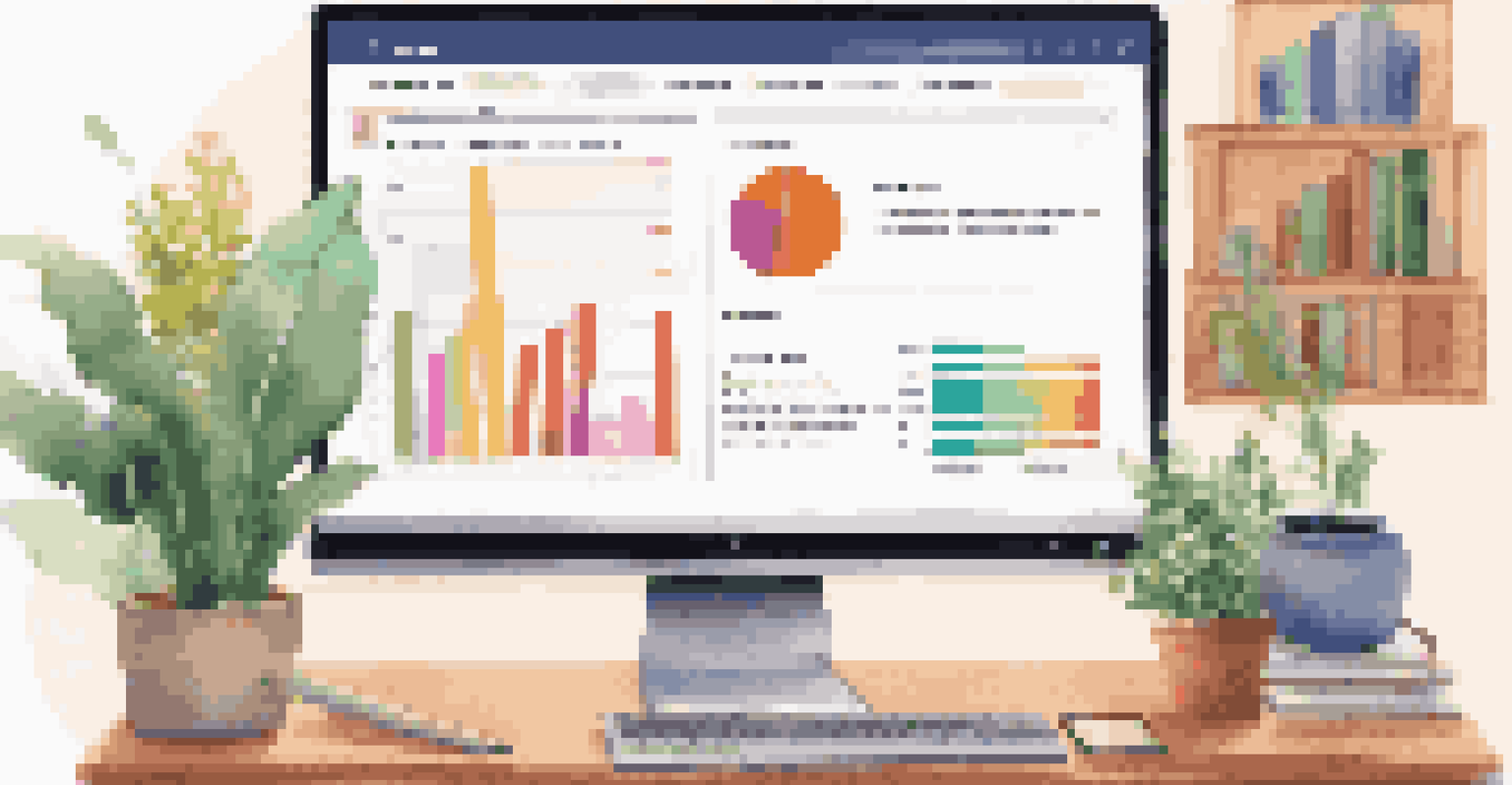 A computer screen displaying an engaging online learning management system interface with graphs and collaborative tools, set in a warm home study environment.