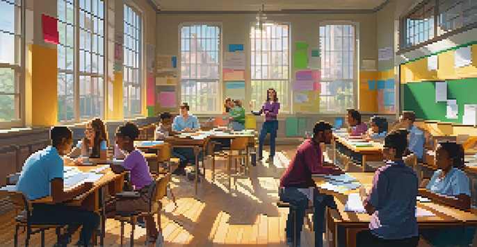 A diverse group of teachers collaborating in a bright classroom, surrounded by laptops and colorful materials.