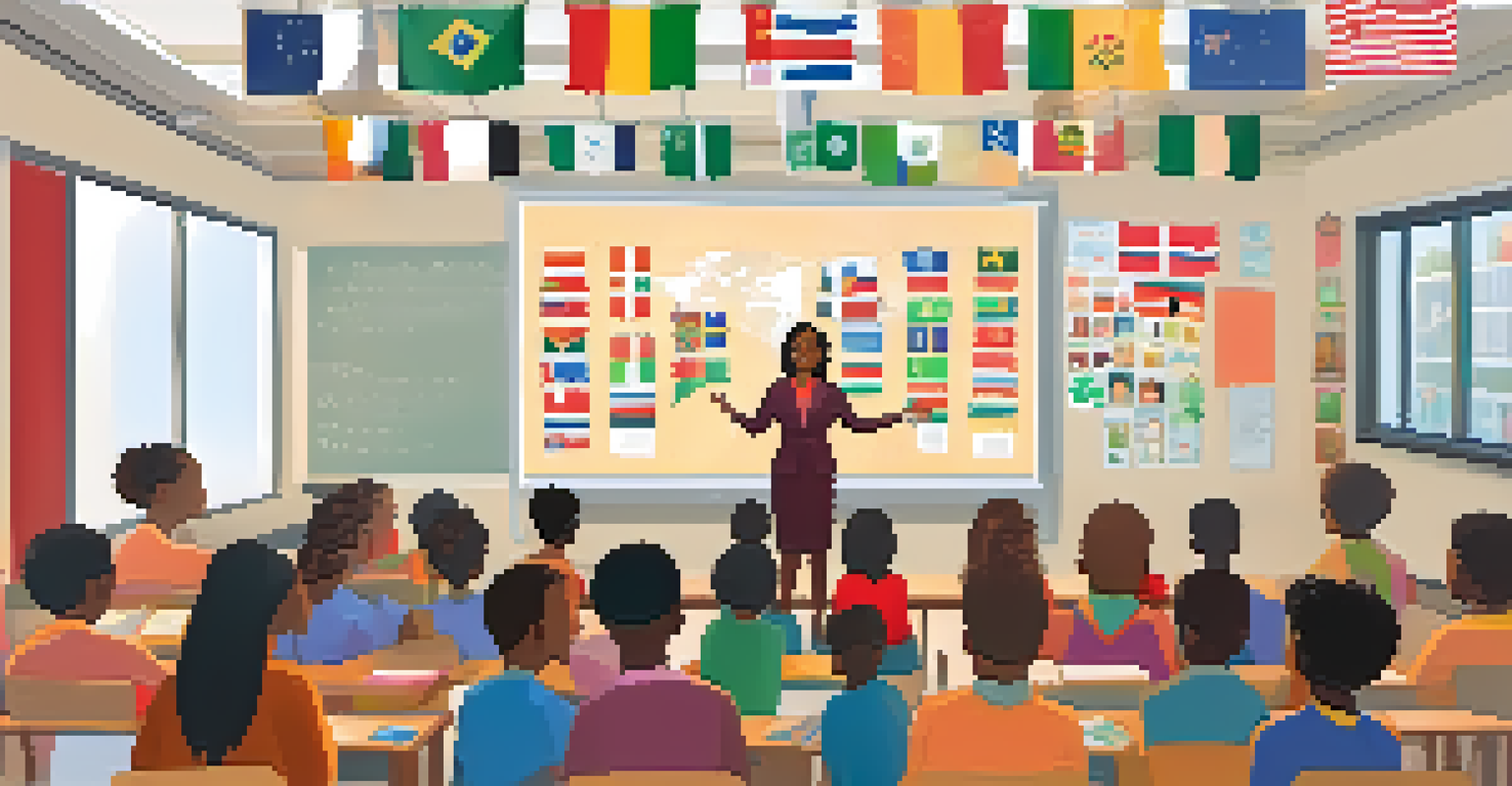 A teacher presenting to a diverse classroom, surrounded by multicultural decorations and engaging visuals.