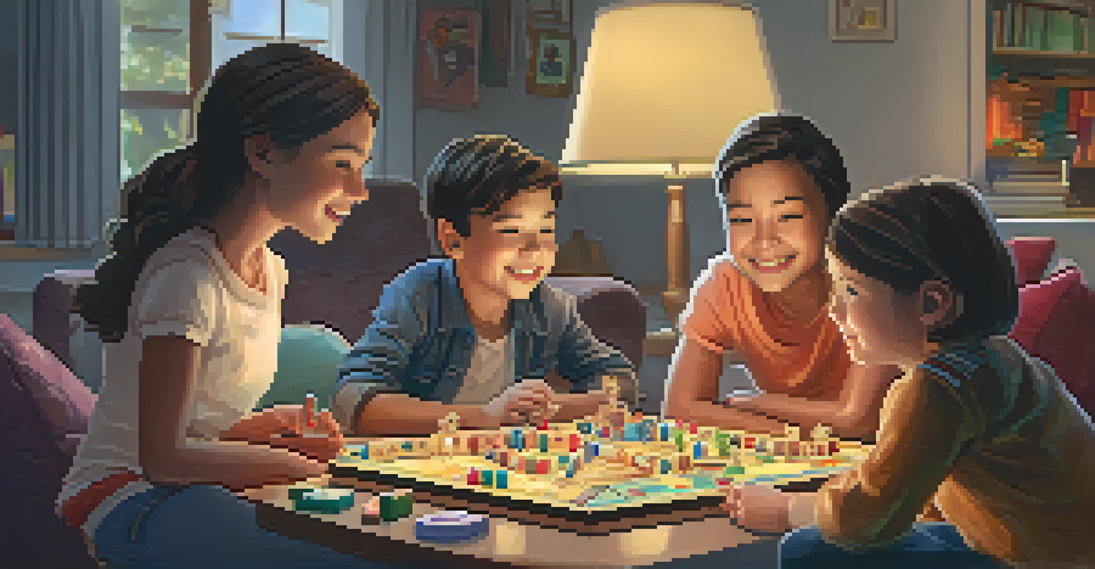 A family playing a board game together in a warm and inviting living room, smiling and engaged.