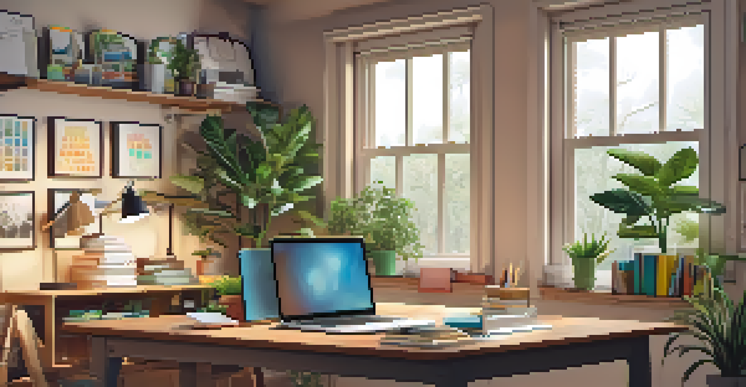 A cozy home study space with a laptop, textbooks, and plants, designed for asynchronous learning.