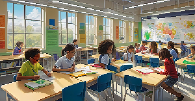 A classroom with diverse students actively involved in inquiry learning, discussing and writing on whiteboards under soft natural light.