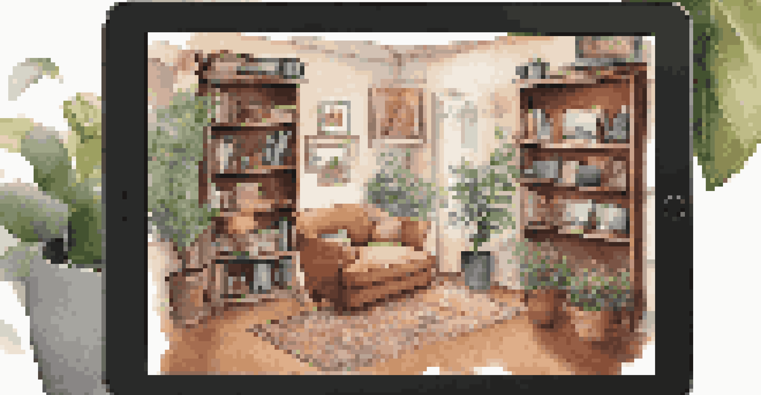 A tablet displaying a colorful digital portfolio with videos and images, set in a cozy study space with books and plants.