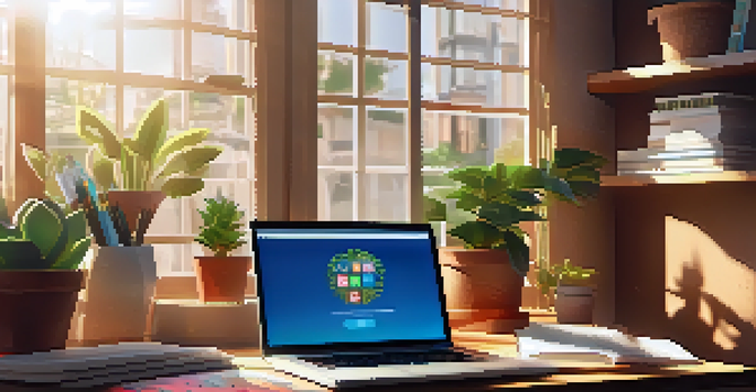 A modern online learning setup with a laptop, books, and a plant, showcasing a colorful online course interface.