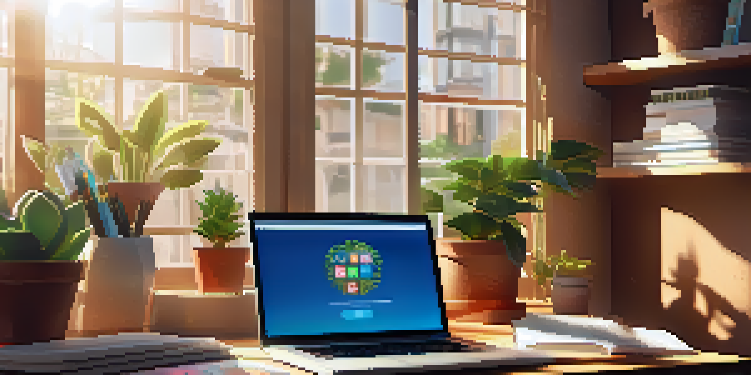 A modern online learning setup with a laptop, books, and a plant, showcasing a colorful online course interface.