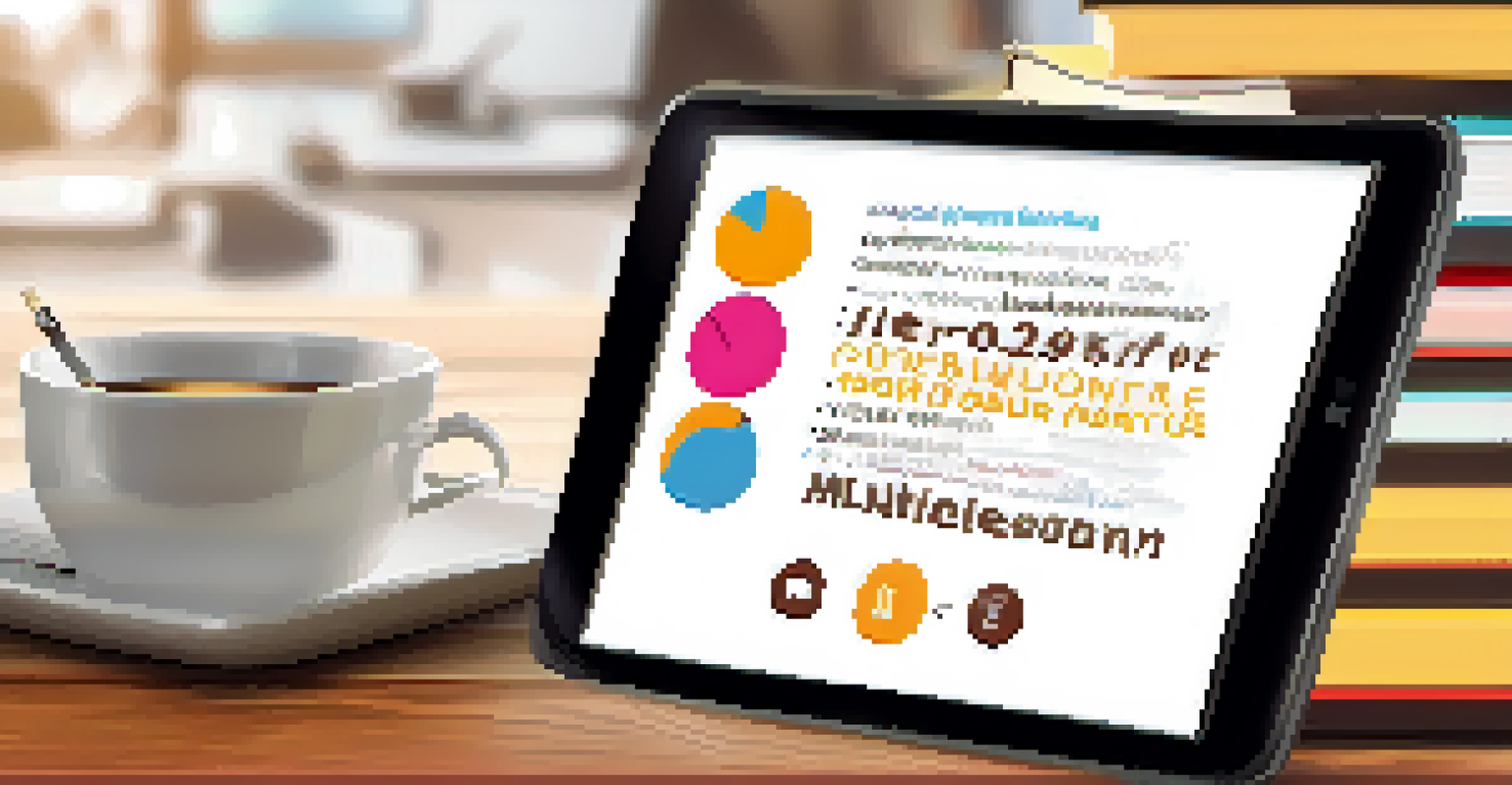 A close-up of a tablet showing a colorful microlearning module with an infographic and quiz, set in a cozy workspace with a coffee cup.