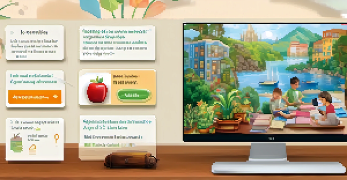 An interactive mobile app interface for language learning, featuring colorful graphics and diverse learners with a cozy study background.
