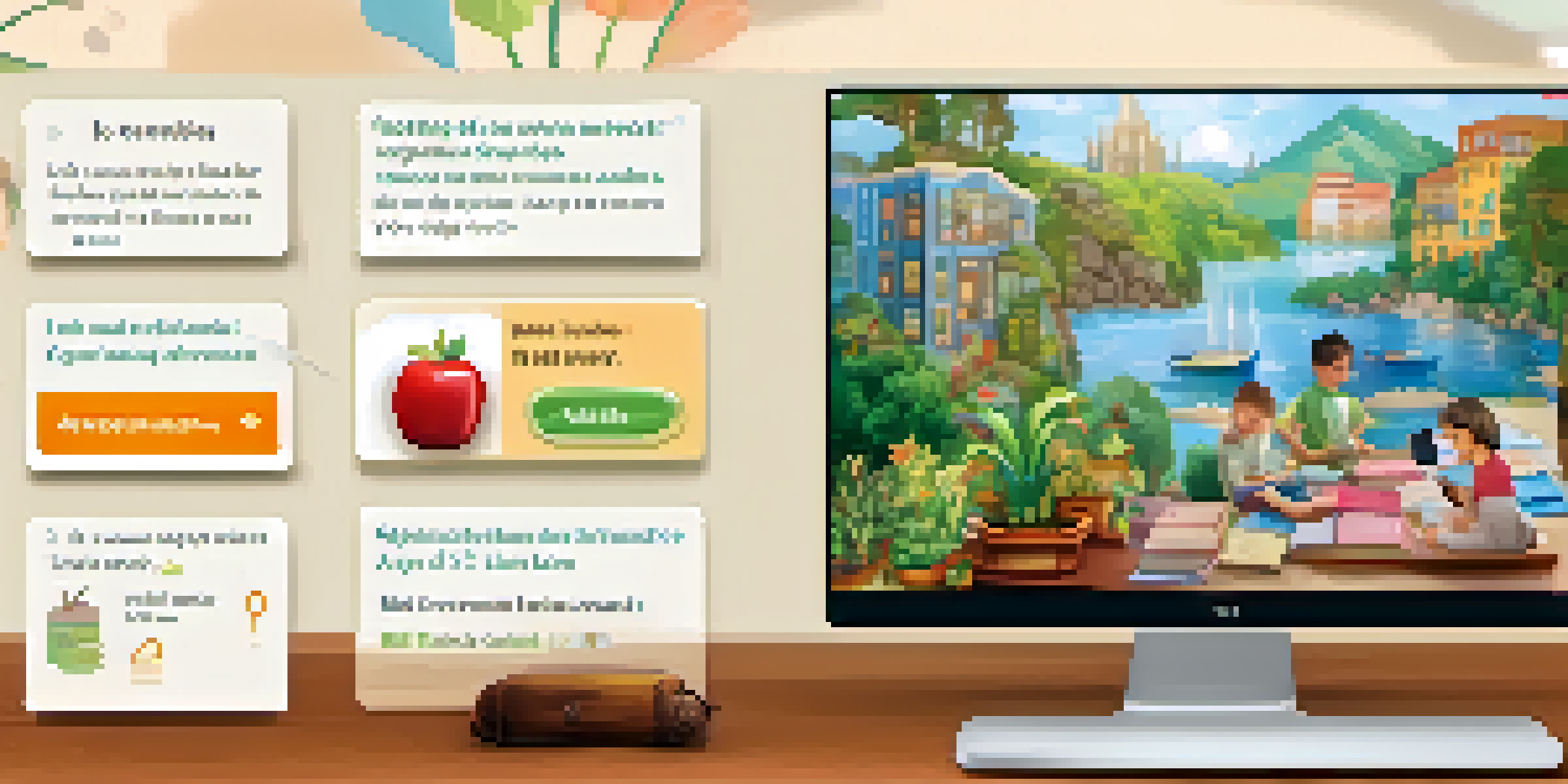 An interactive mobile app interface for language learning, featuring colorful graphics and diverse learners with a cozy study background.
