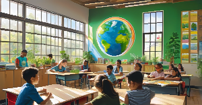A bright classroom with students learning about climate change, decorated with educational posters and plants.