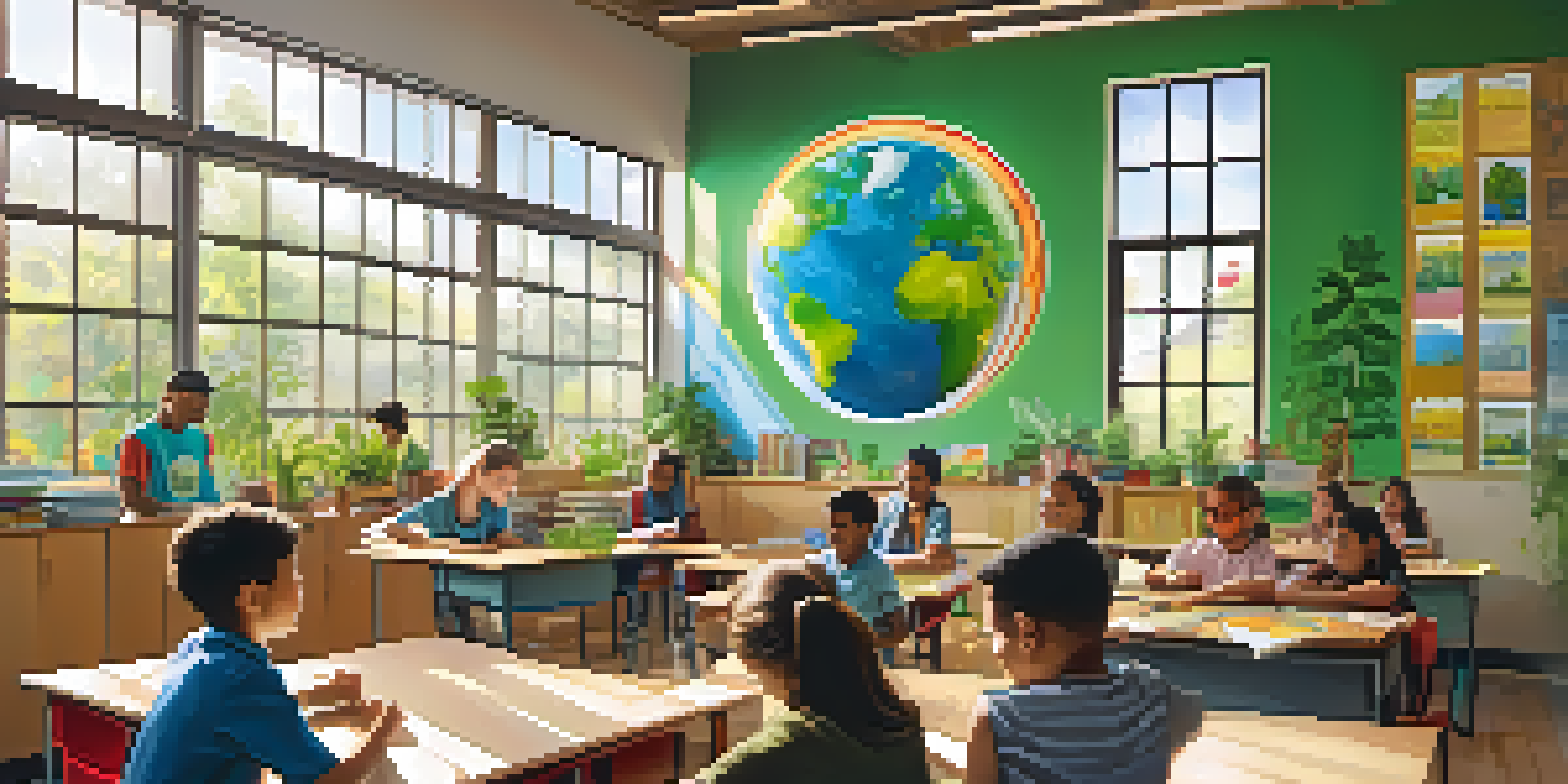 A bright classroom with students learning about climate change, decorated with educational posters and plants.
