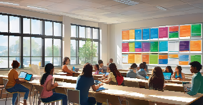 A bright and colorful modern classroom with students discussing in person, a screen showing an online forum, and various educational technology around them.