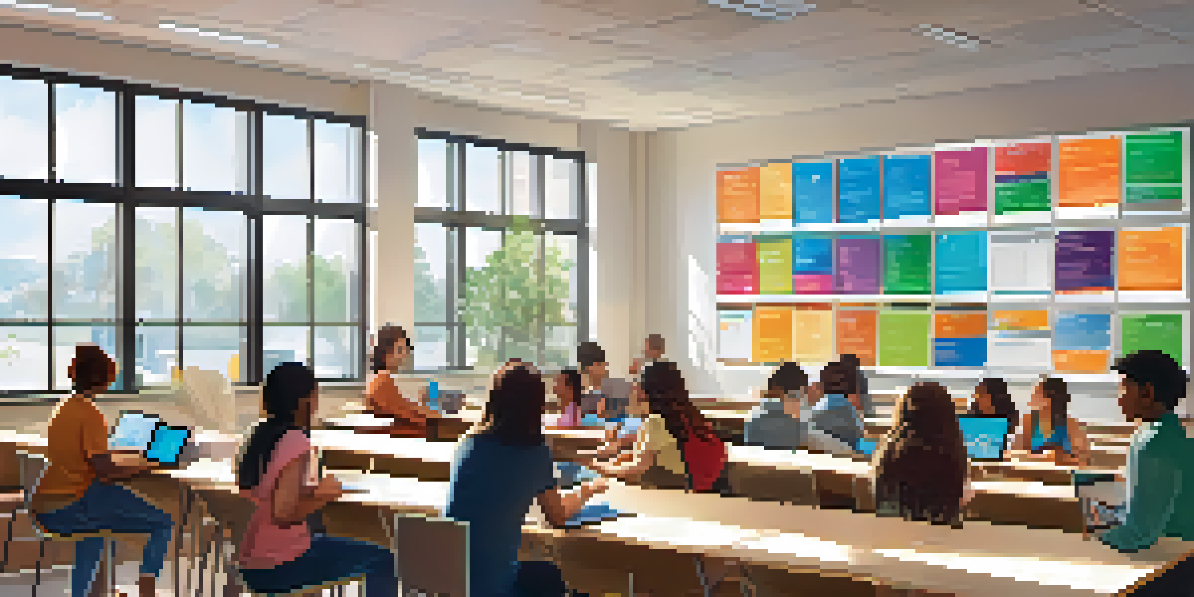 A bright and colorful modern classroom with students discussing in person, a screen showing an online forum, and various educational technology around them.