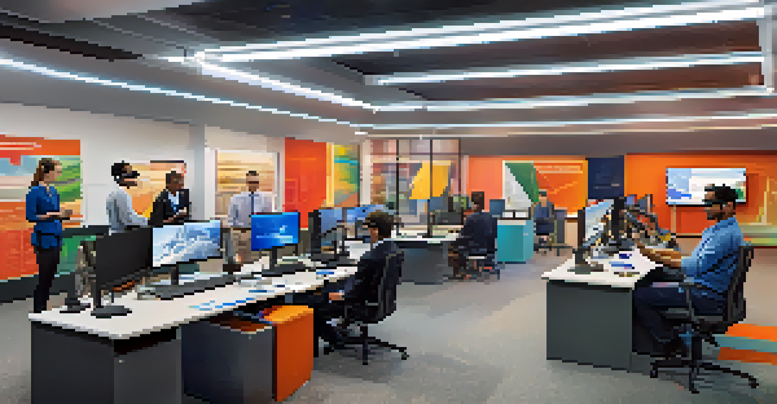 A group of diverse employees participating in a virtual reality training session in a modern office.