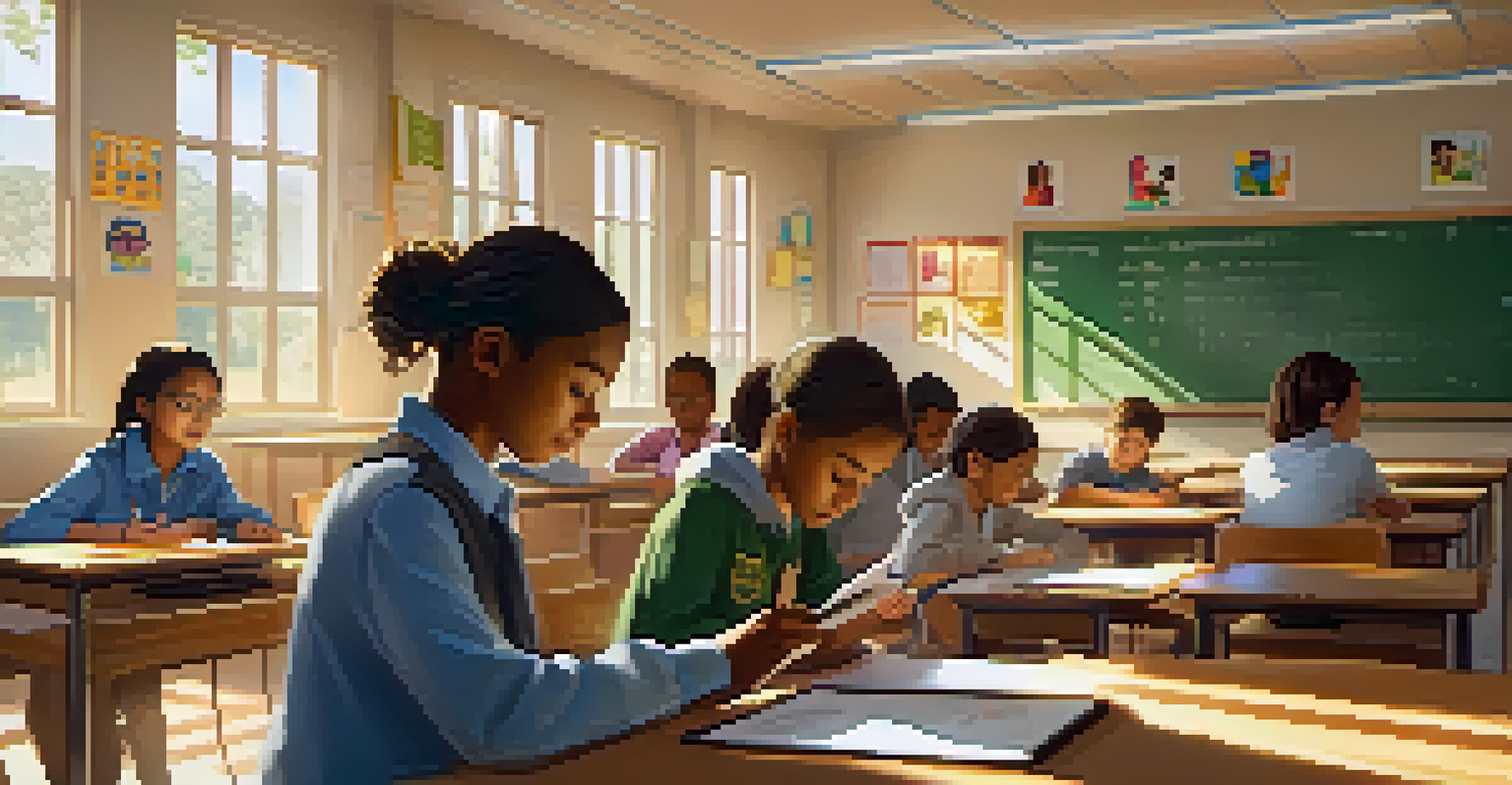 A classroom with diverse students using tablets for digital assessments, with a teacher helping one student, and sunlight illuminating the space.