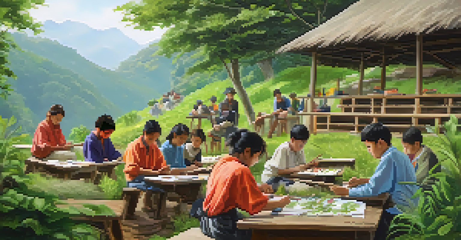 Students engaged in a traditional art workshop outdoors, creating art with natural materials under the guidance of a local artist, surrounded by greenery.