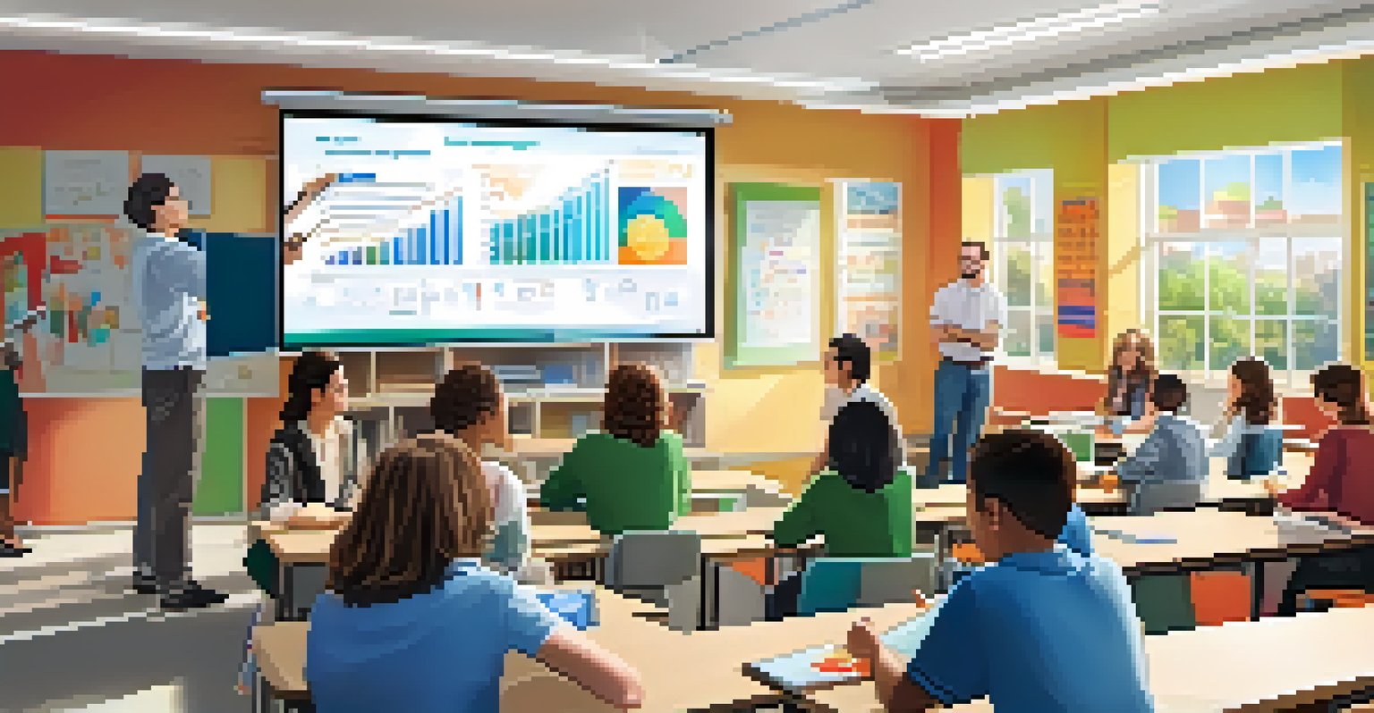 Teachers collaborating around a digital whiteboard in a bright, modern classroom.