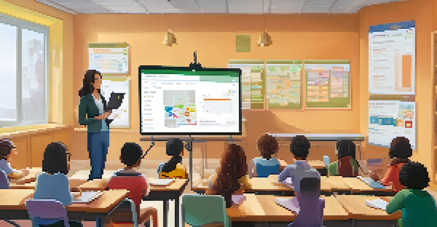 A teacher using a tablet to manage digital learning in a modern classroom with students collaborating nearby.