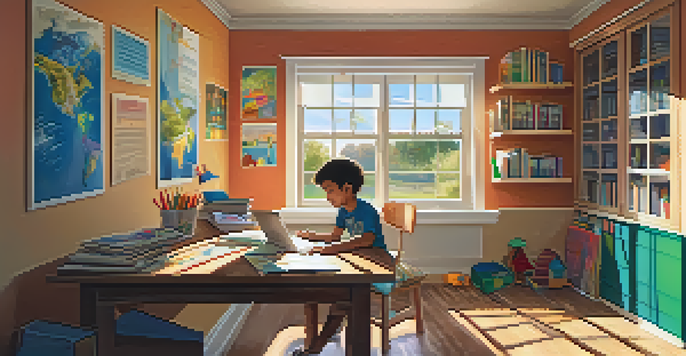 A child studying at a desk with a laptop and educational materials, while a parent offers support in a warm, sunlit room.