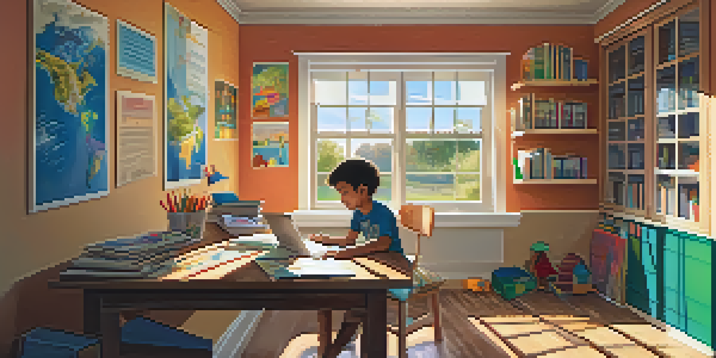A child studying at a desk with a laptop and educational materials, while a parent offers support in a warm, sunlit room.