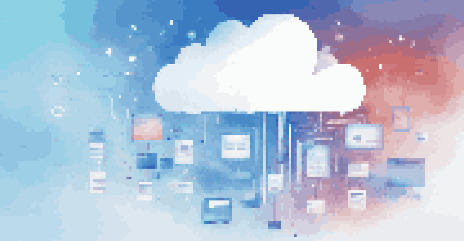 An abstract digital illustration depicting cloud storage with floating files and data streams against a blue and white gradient background.