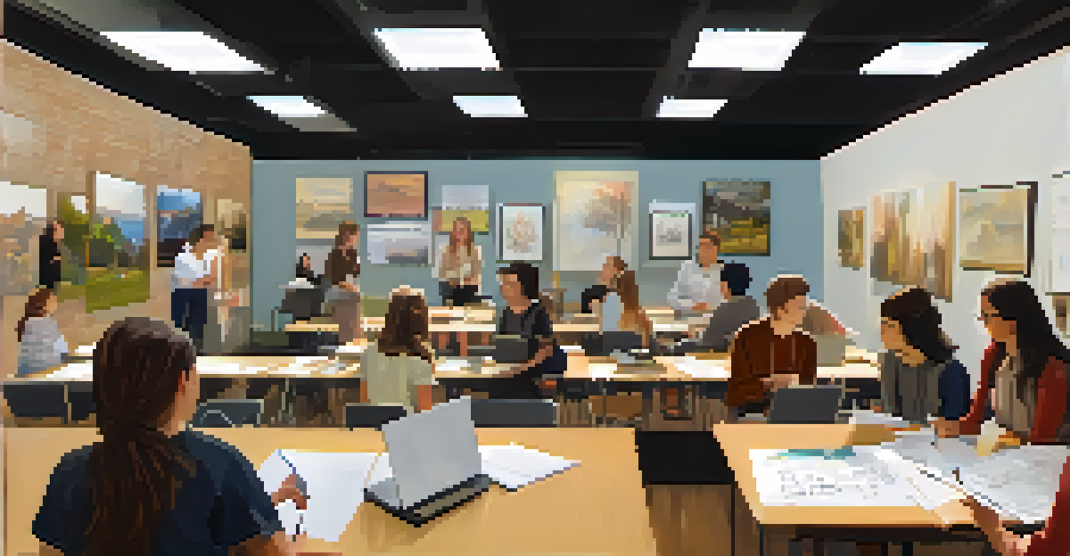 Students engaged in a workshop, providing and receiving peer feedback on creative projects in a warm, inviting setting.