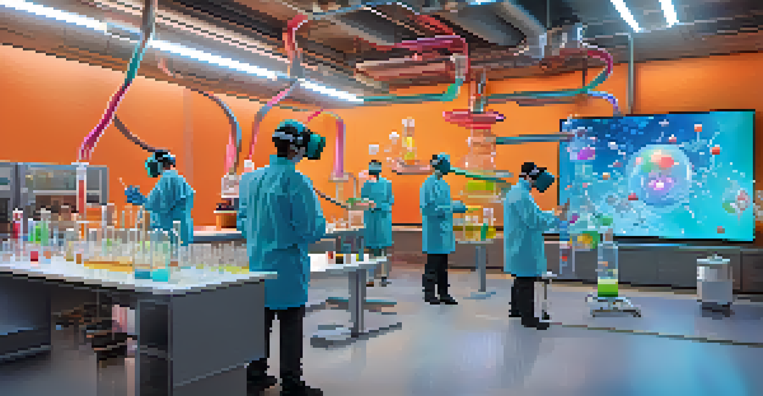 Students in a virtual chemistry lab conducting experiments with colorful bubbling potions and 3D models, showcasing safety gear and excitement.