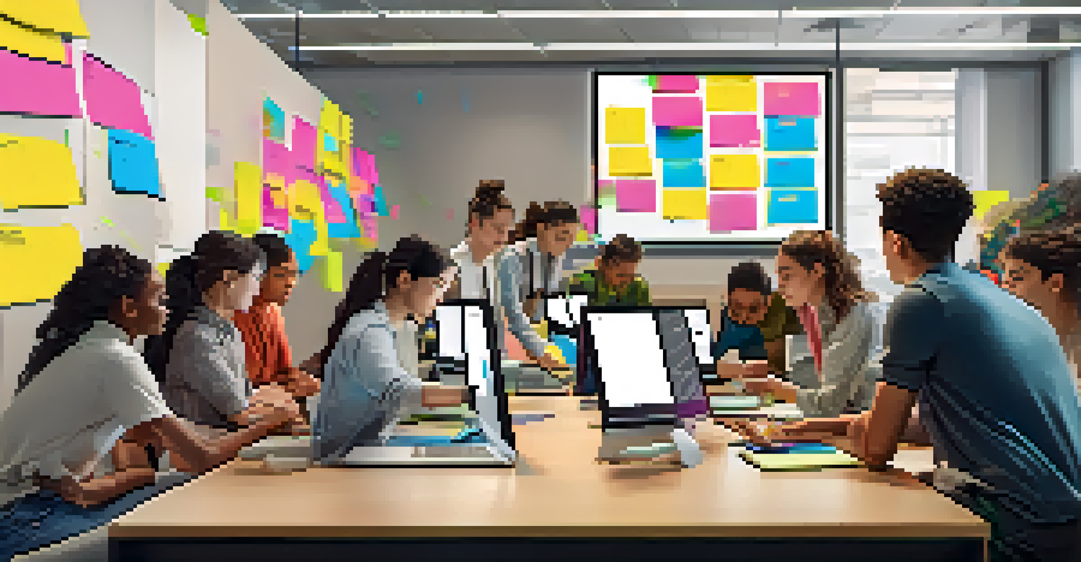 Students collaborating on a digital portfolio project at a large touchscreen display, with colorful notes and laptops around.