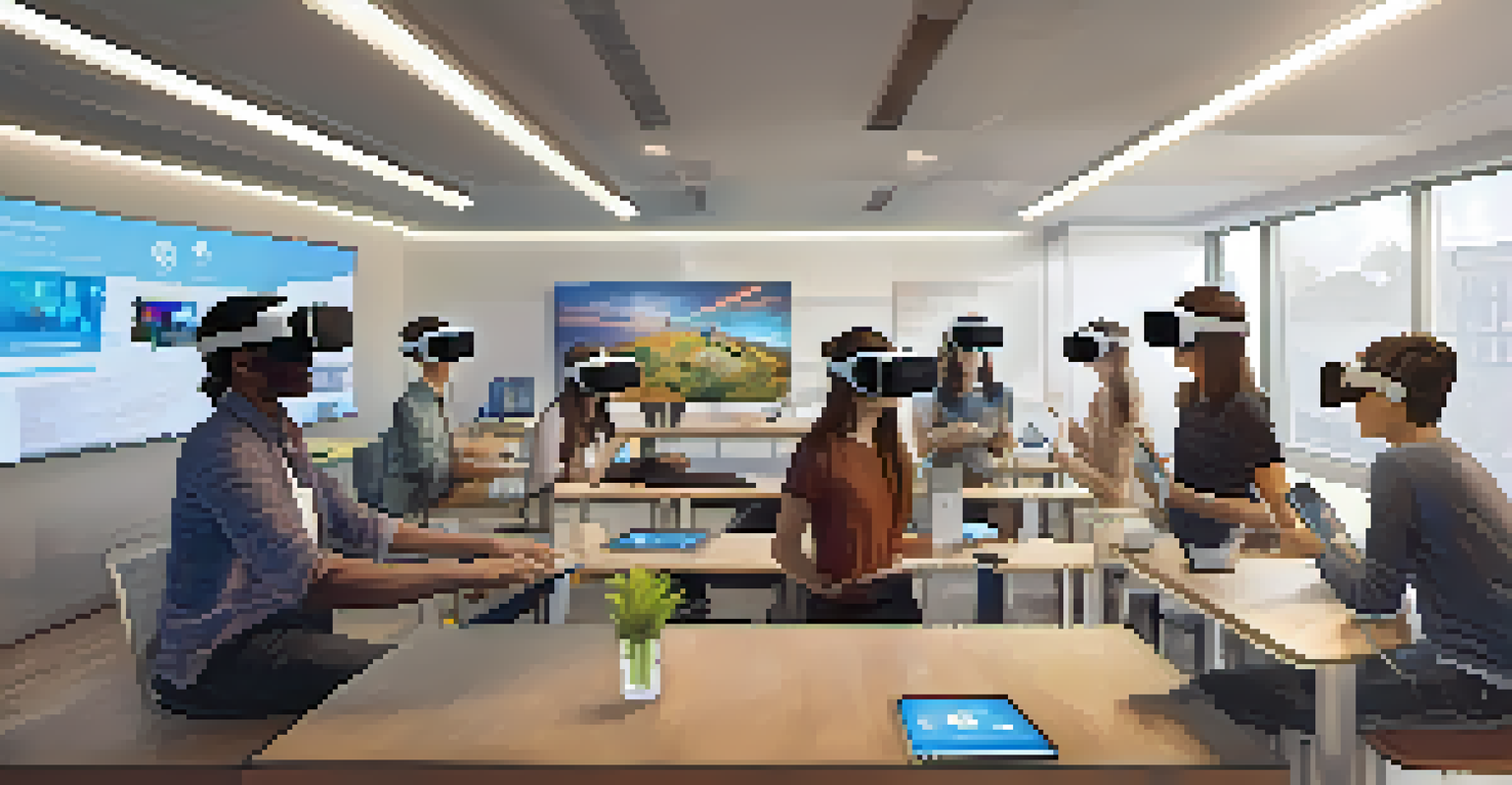 Students in a modern classroom using virtual reality headsets to connect with peers from around the world, engaging in a global learning experience.
