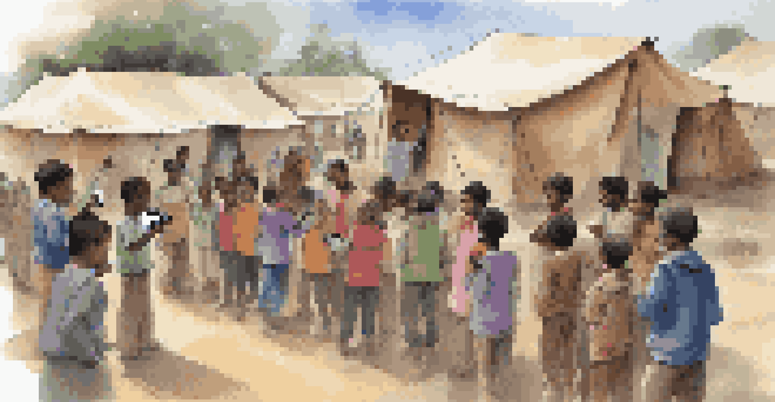 Children in a refugee camp excitedly learning from a smartphone held by a teacher, surrounded by tents and makeshift classrooms.