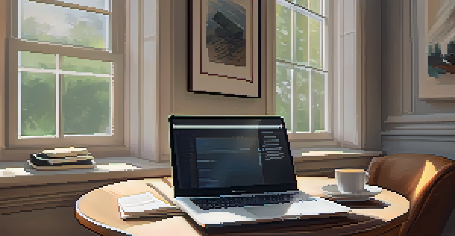 A cozy workspace with a laptop displaying a debate forum, notes, and a cup of coffee, bathed in soft natural light from a window.