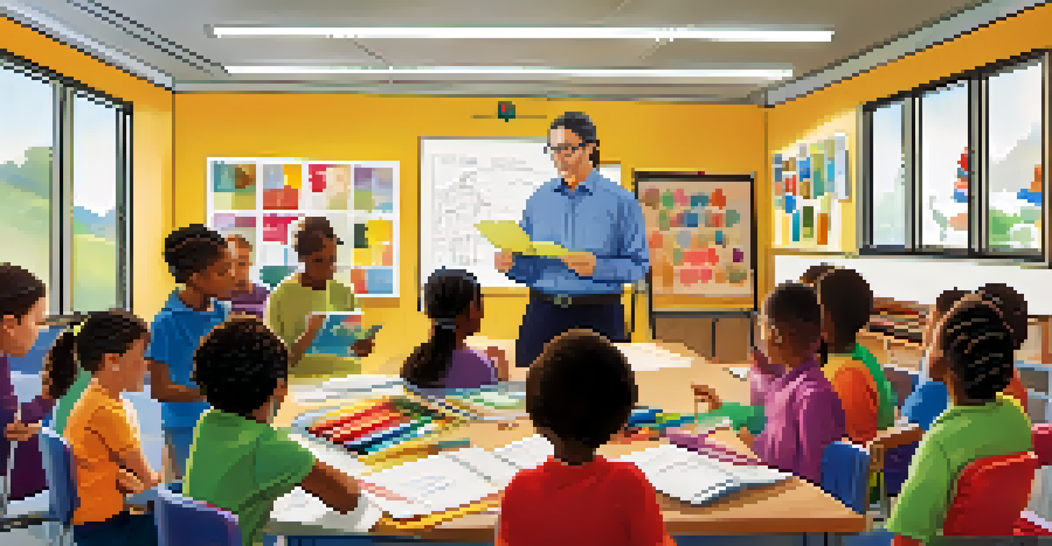 A teacher facilitating a project-based assessment with students gathered around a table full of art supplies and notebooks in a bright classroom.
