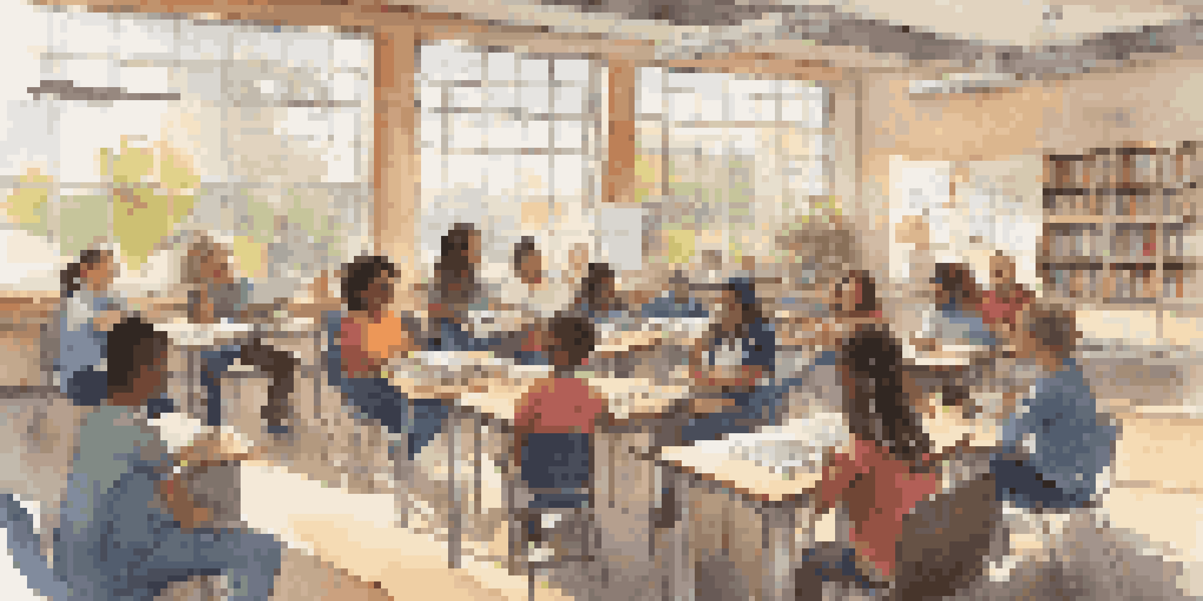 A diverse group of students collaborating in a bright classroom, discussing ideas around a circular table.