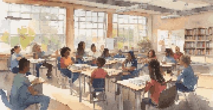 A diverse group of students collaborating in a bright classroom, discussing ideas around a circular table.