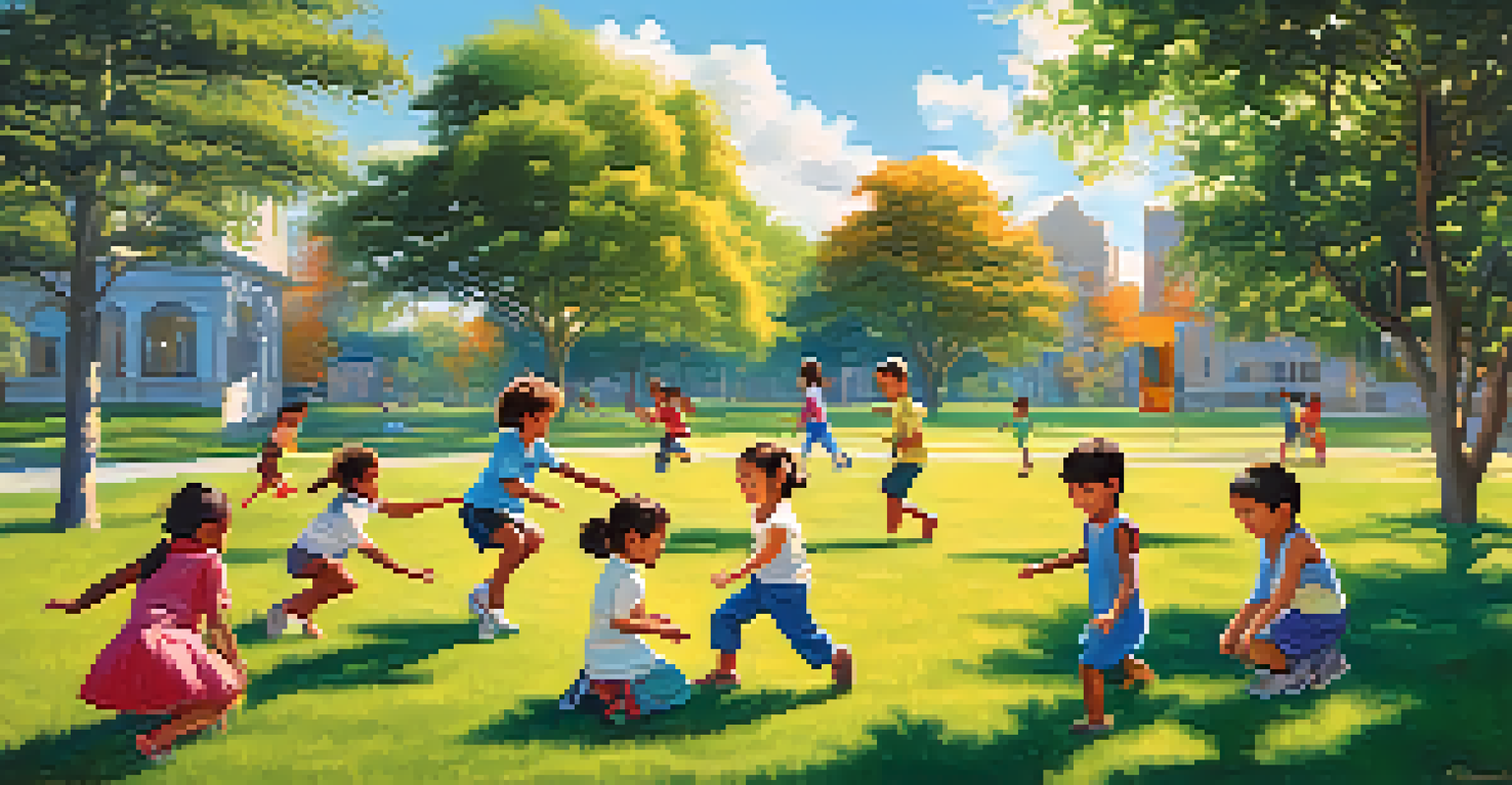 Children from different cultural backgrounds playing together in a park, joyfully imitating each other's movements.