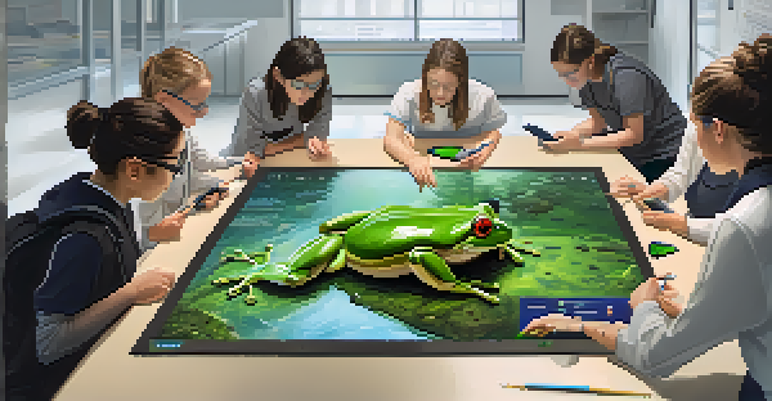 Students collaborating in a biology lesson, using AR technology to dissect a virtual frog, engaged and discussing around a high-tech table.