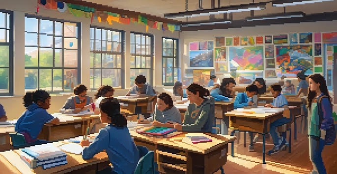 A lively classroom with diverse students working together on a project, surrounded by art and educational materials, illuminated by sunlight.