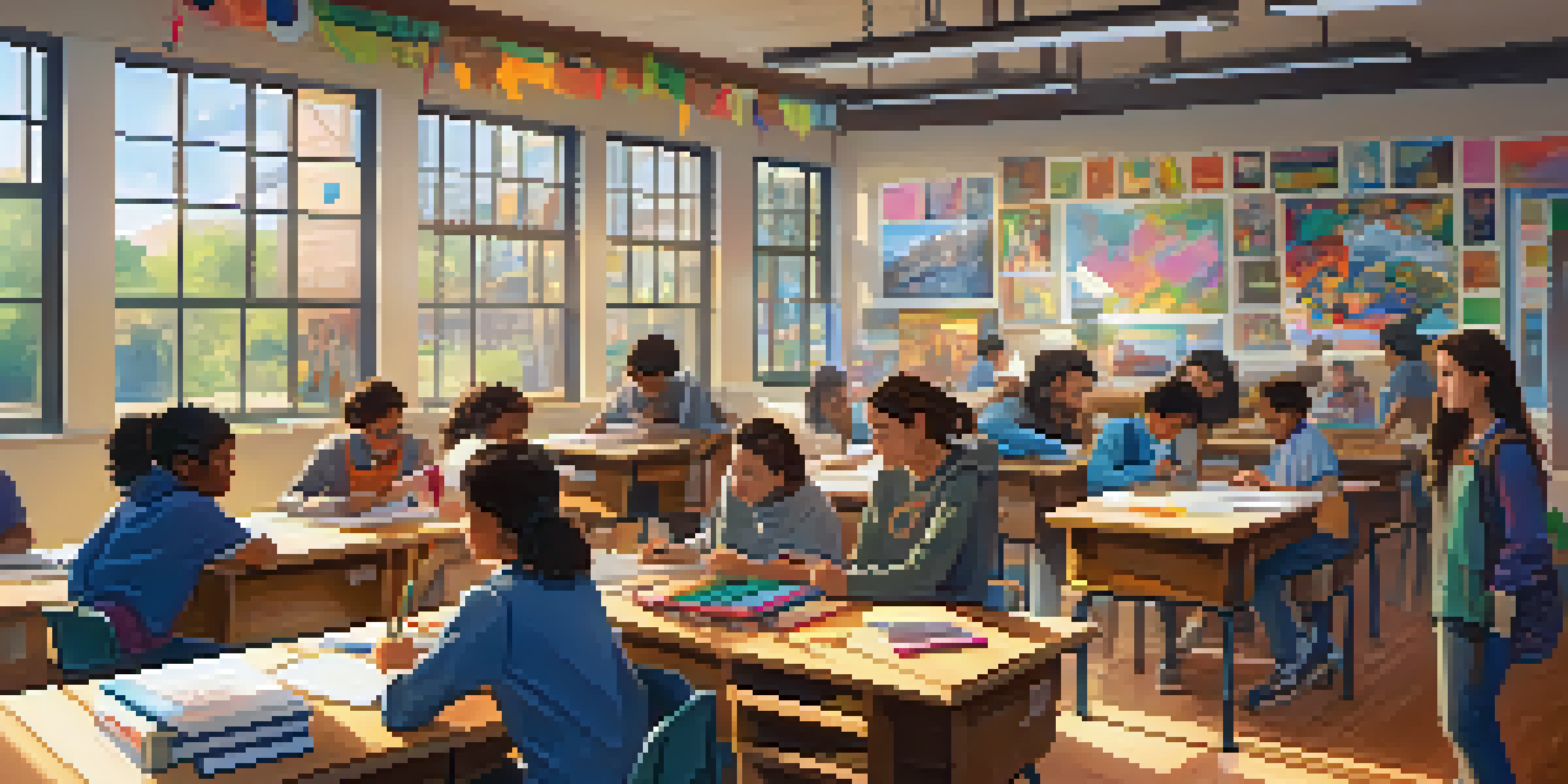 A lively classroom with diverse students working together on a project, surrounded by art and educational materials, illuminated by sunlight.
