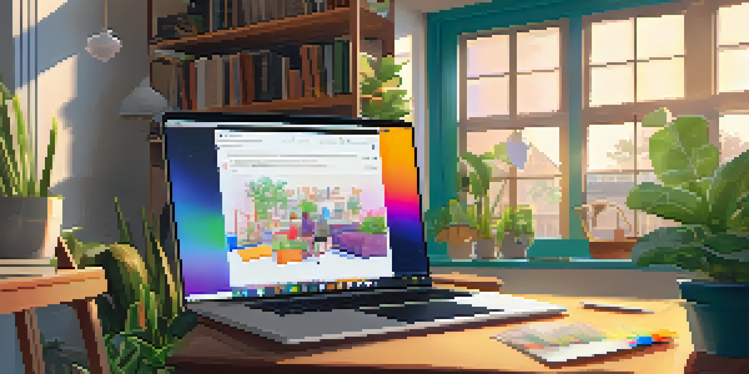 A cozy study room with a laptop displaying a colorful digital portfolio, surrounded by plants and books, illuminated by warm natural light.