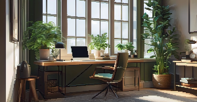 A well-lit home office featuring a wooden desk, laptop, notebooks, coffee, and plants, creating a warm and inviting work environment.