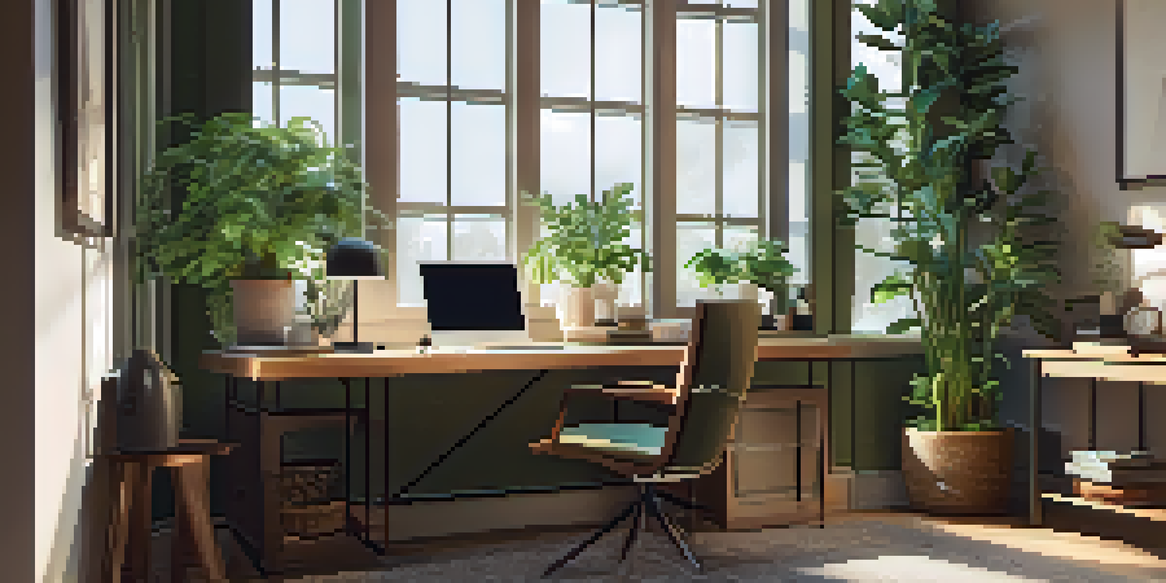 A well-lit home office featuring a wooden desk, laptop, notebooks, coffee, and plants, creating a warm and inviting work environment.