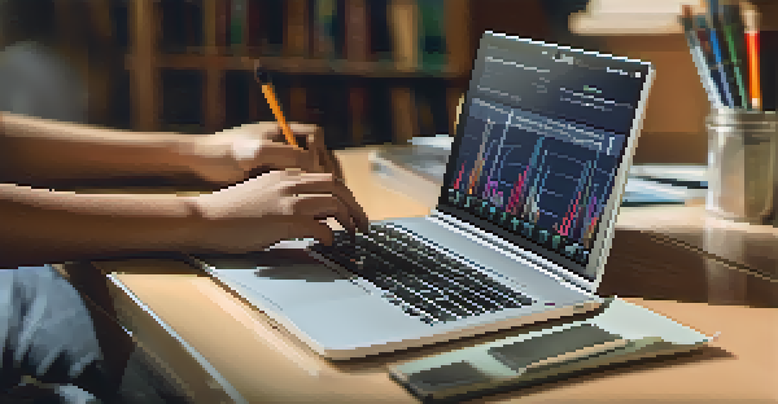 A student focusing on their laptop displaying a progress graph, with a blurred background.
