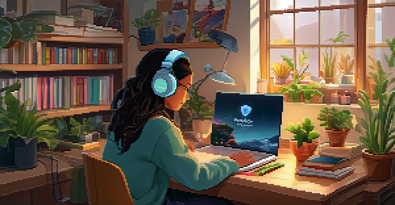 A student participating in a virtual classroom session in a cozy home learning environment.