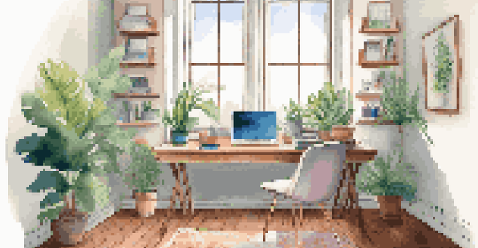 A modern workspace with a laptop, plants, colorful stationery, and a coffee cup, illuminated by soft natural light.