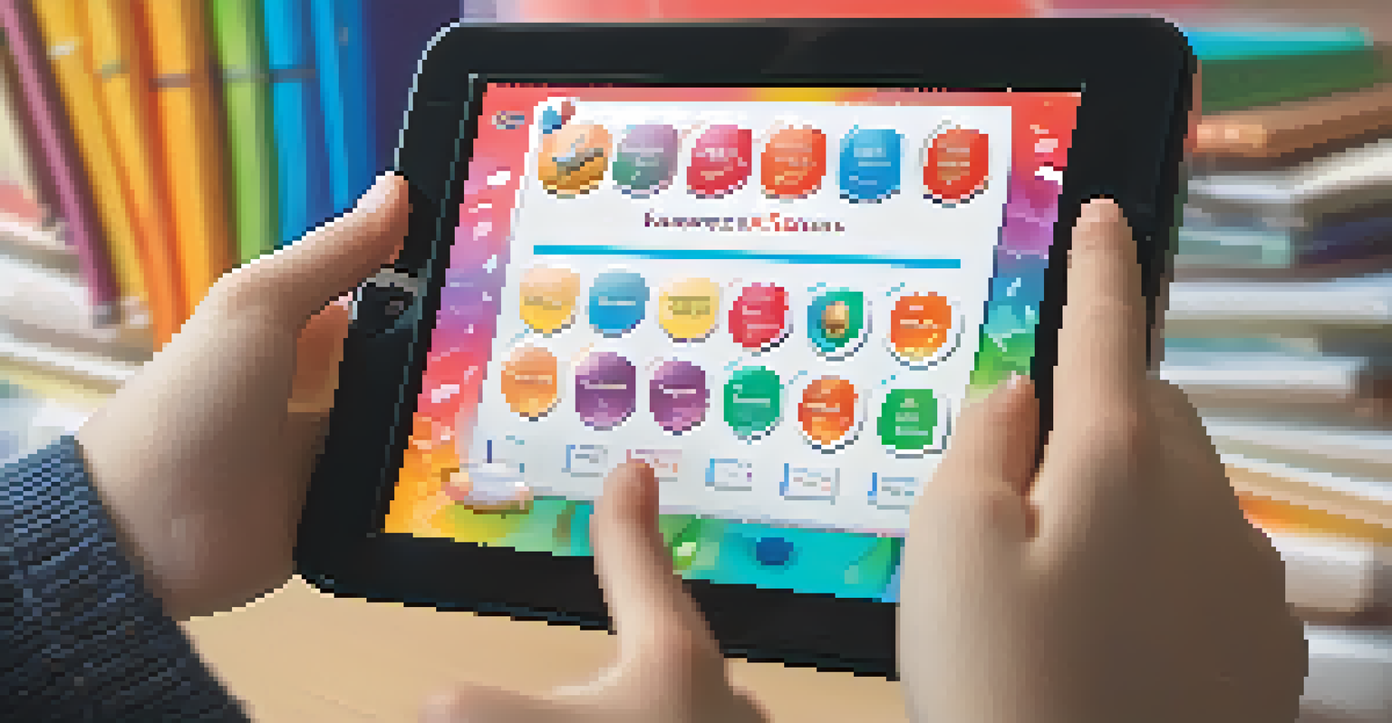 A student's hands using a tablet to play an educational game, featuring a colorful quiz interface with points and badges.
